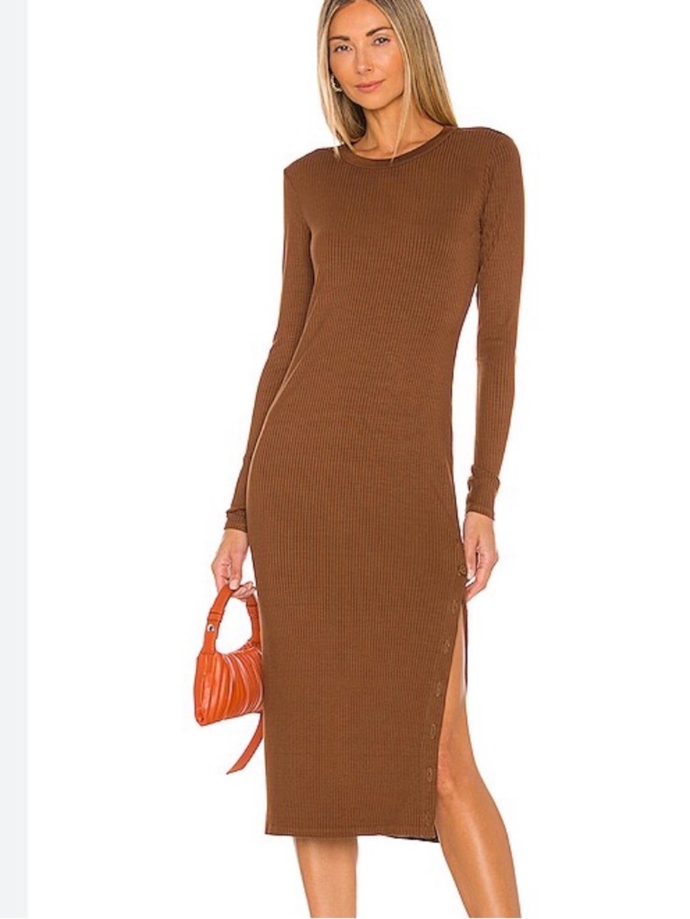 Enza Costa Crewneck Button Midi Dress in Mahogany Small